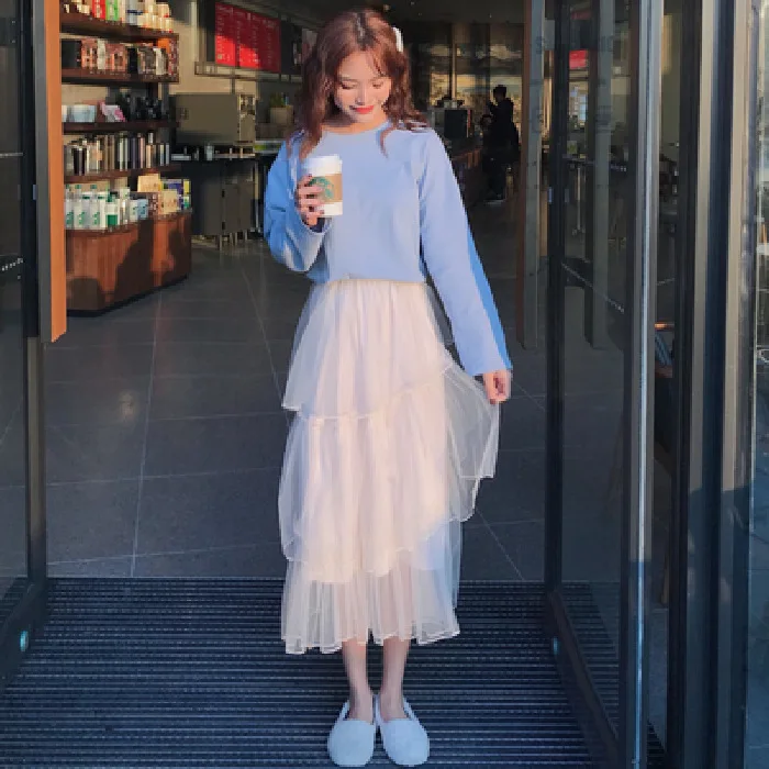 

Spring Clothing Korean-style Mid-length Very Fairy of Gauze Pleated Skirt Online Celebrity Cake Dress High Waist Skirt A- line S