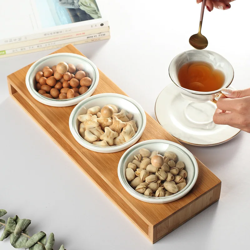 

Snacks Nuts Casual Dried Fruit Tray Tempered Glass Cover Bamboo Environmentally Friendly Tray Living Room Platter Tableware Cera