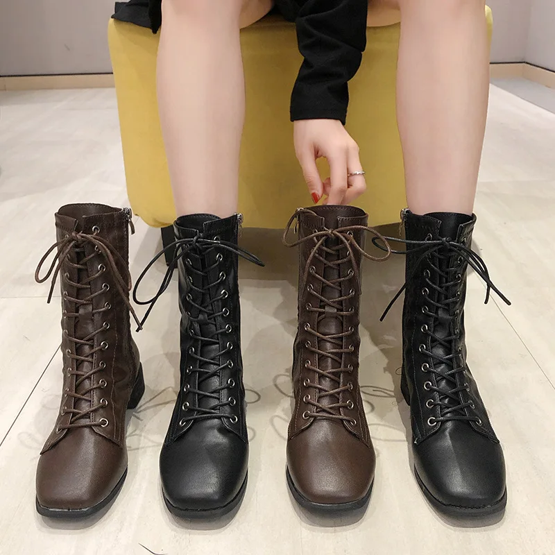 

Women's Short Boot Autumn Boots Fashion Womens Shoes 2020 Clogs Platform Low Heels booties Round Toe Booties Ladies Lace Up