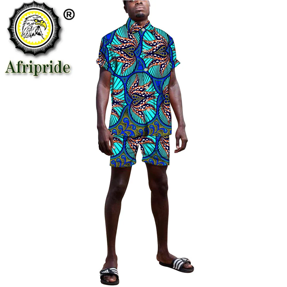 

African Men Clothing Set Print Shirts and Pants Set Crop Top Short Sleeve Blouse Shorts Suit Dashiki Outfits Tracksuit S2016014