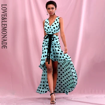 

LOVE & LEMONADE Light Green Deep V-Neck Cut Out Big Dots Strap A Type Summer Maxi Dress LM82362