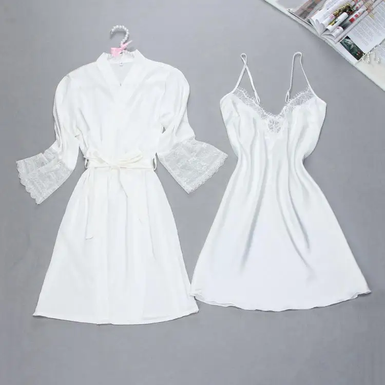 Сексуальные женские Кружево Satin Robe платье однотонные мягкие ночная рубашка кимоно халат пижамы свадебные туфли невесты Халаты - Цвет: White Robe Set