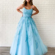 Небесно-голубые платья для выпускного вечера Длинные Кружевные Аппликации Спагетти корсет сзади выпускные знаменитостей Формальные платья а-силуэта Vestido De Gala