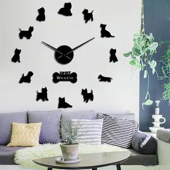 West Highland Terrier Westie-Reloj de pared 3D para perros, reloj de pared grande para cachorros, Animal autoadhesivo, acrílico con efecto espejo, reloj de tiempo