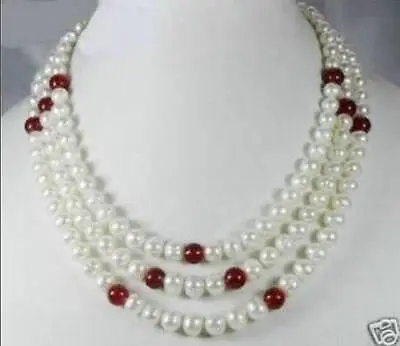 

wholesale 3 Row 7-8mm White Freshwater Pearl & RedNatural StoneNecklace