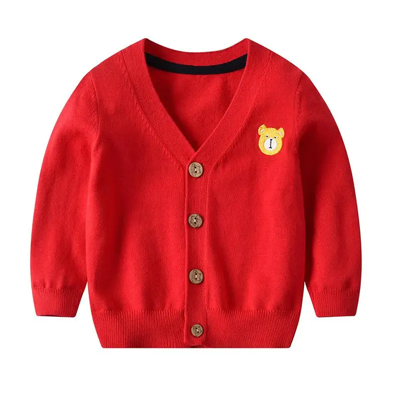 Осенне-зимний детский кардиган с рисунком медведя; кардиган для маленьких мальчиков; Повседневный вязаный свитер; однобортный - Цвет: Red