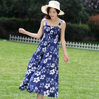 

Bohemian Dress 2020 Summer Women Long Beach Dress Loose Spaghetti Strap Slim High Waist Vacation Dresses