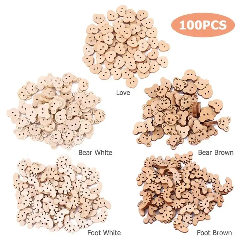 100pcs/bag Wooden Cartoon Buttons Handmade DIY Sewing Craft Scrapbooking Decor for DIY Baby Apparel Accessories Decoration
