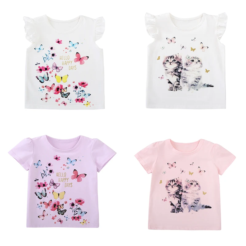 Tops de algodón para bebé, camiseta de manga corta para niño, ropa para niña, Camiseta con estampado de princesa, camiseta de mariposa de gato Animal