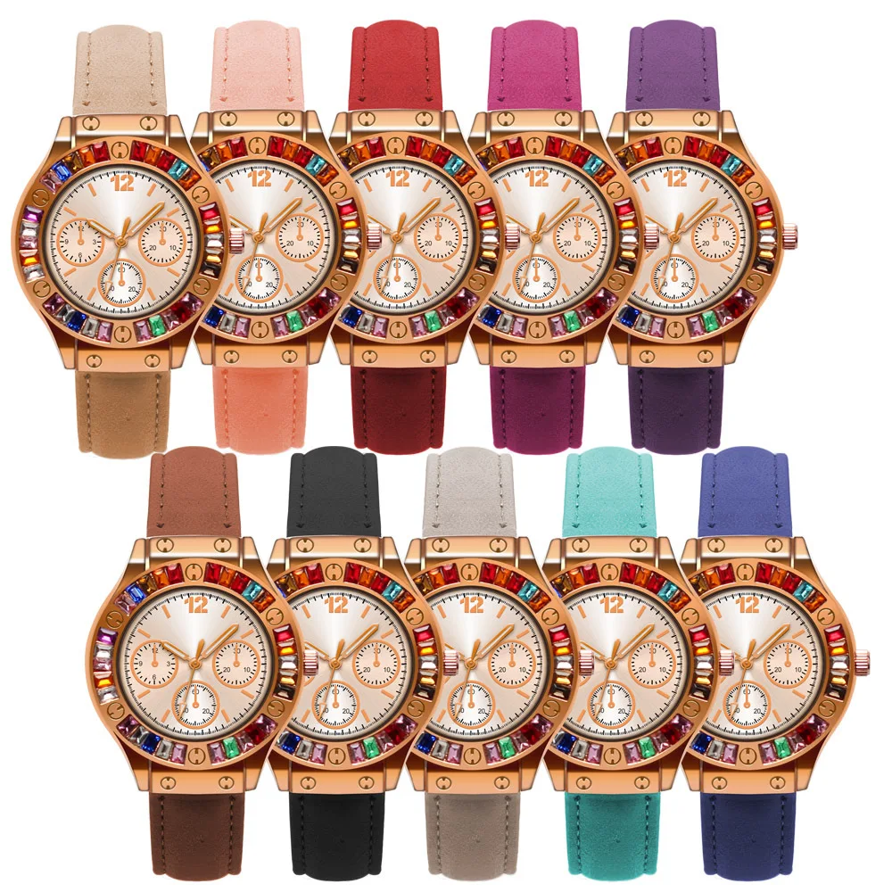 

Watch Simple Fashionable Watch Faux Analog Watch Colorful Crystals Fake Three-Eyed Women's Belt Watch Men's