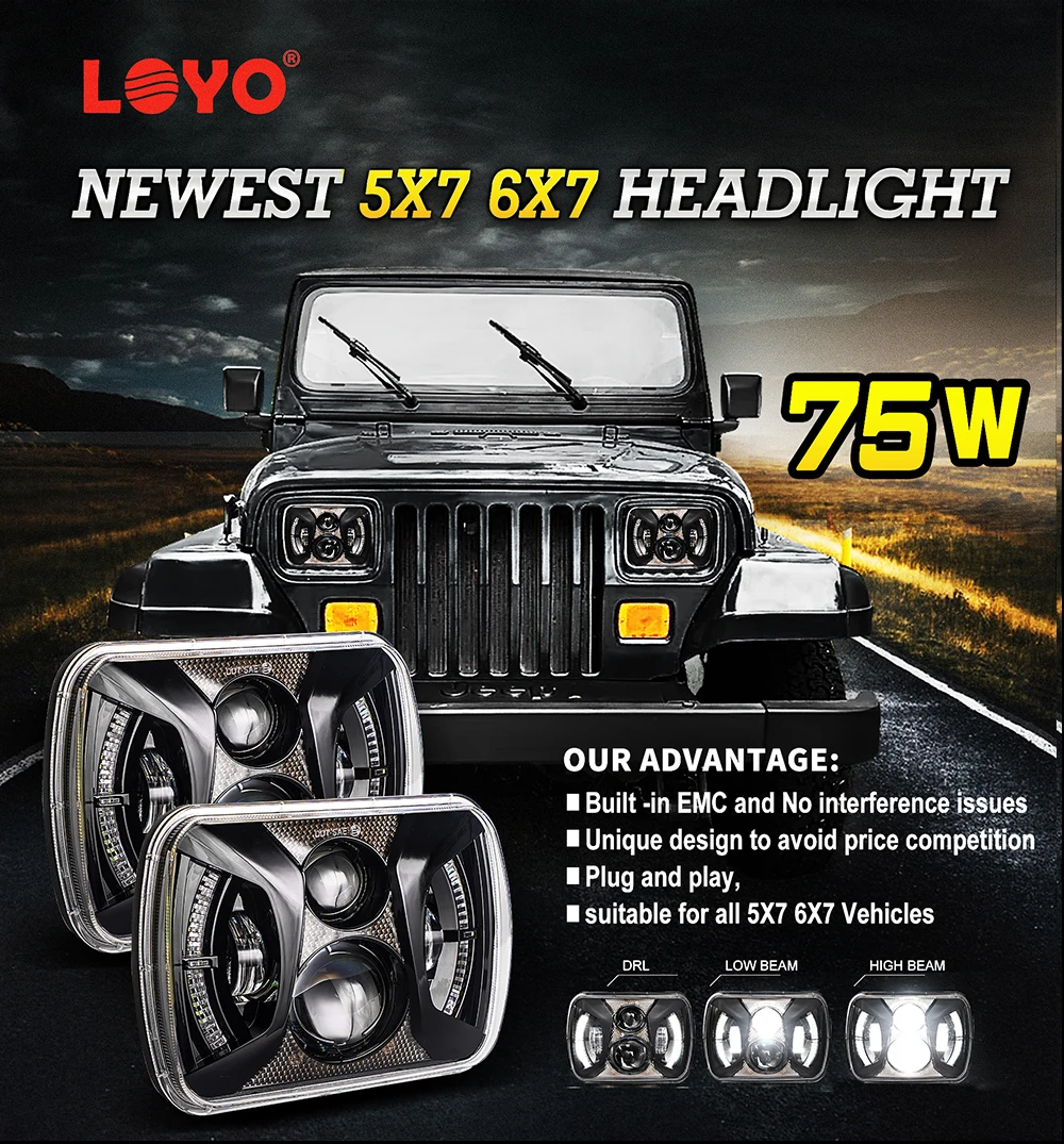 Newst 7X6 5X7 LED Headlight White DRL Daytimr Running Light For Jeep Wrangler YJ