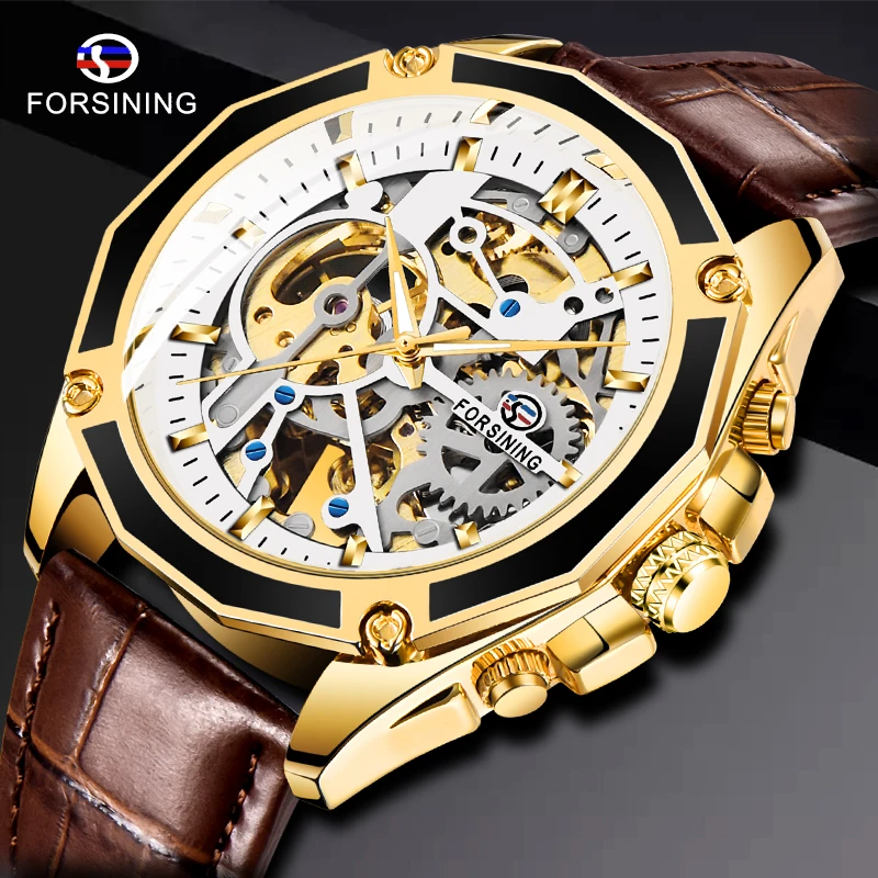 

Forsining Steampunk Mechanical Movement Golden Case Leather Transparent Movement Men Watches Top Brand Luxury Automatic Watch