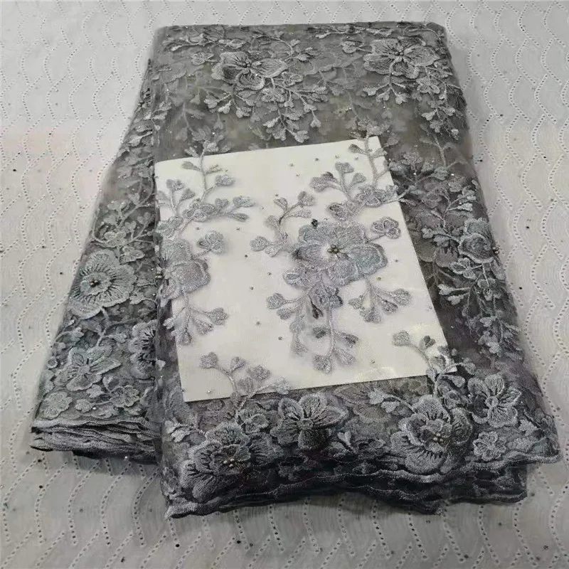 gray Latest Nigerian Tulle 3d Lace 2020 stones French Net Beaded Fabric For Wedding Embroidery African | Дом и сад