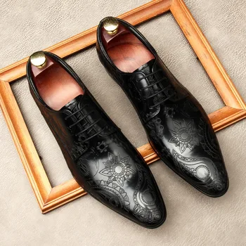 

Business Casual Shoes Slim Personality Small Flower Shoes Toe Cool Men's Fashion Genuine Leather Cow Leather Full Grain Leather