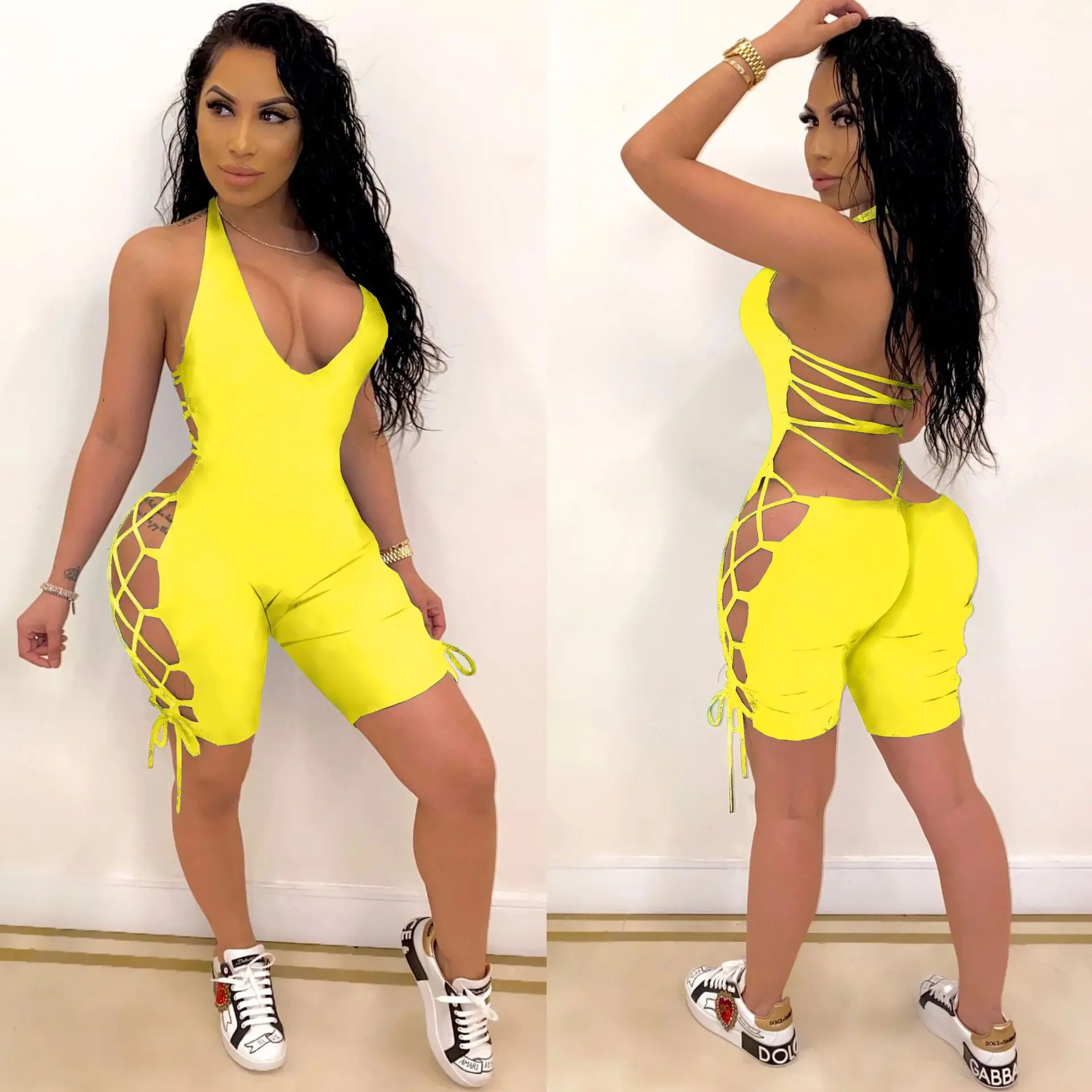 ANJAMANOR 2020 Summer Sexy Clubwear One Piece Outfit Women Short Romper Lace Up Hollow Backless Bodycon Jumpsuit D74-AB47 ANJAMANOR 2020 Summer Sexy Clubwear One Piece Outfit Women Short Romper Lace Up Hollow Backless Bodycon Jumpsuit D74-AB47