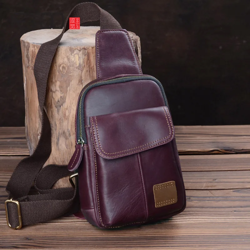 

BJYL Vintage men's handmade leather bags, men's head leather one-shoulder bag, men's chest bag, men's leather trend slant bag