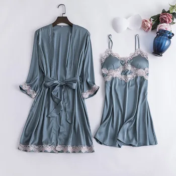 

Women Satin 2PCS Twinset Robe Suit Lace Sleepwear Intimate Lingerie Kimono Bathrobe Gown Nighty&Robe Set Sexy Home Clothes