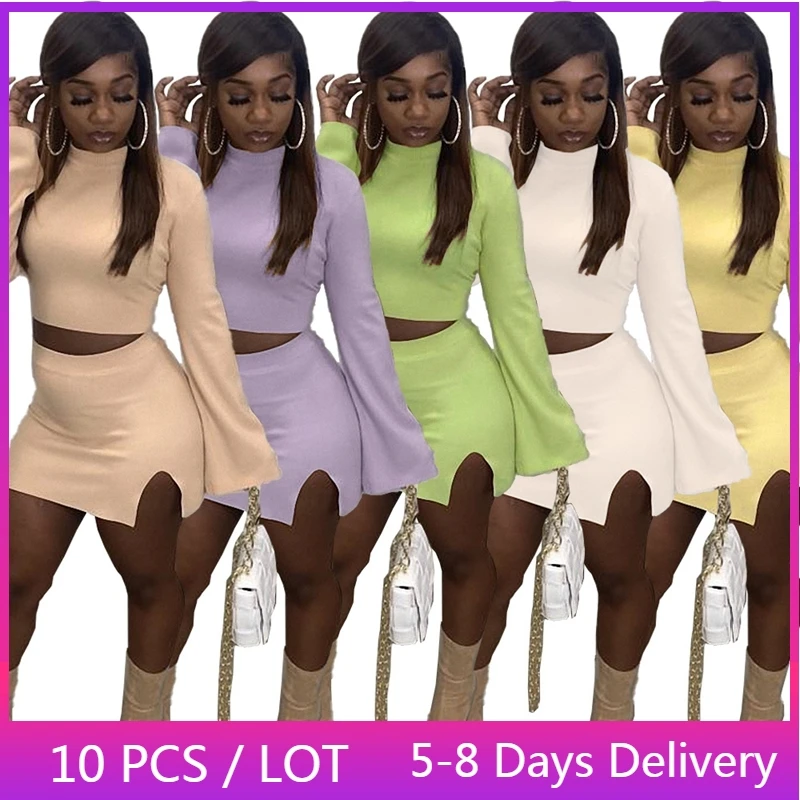 

Wholesale Items Elegant Two Piece Set Women Fall Clothes Club Outfits for Women Casual Long Sleeve Crop Top Slit Mini Skirts Set