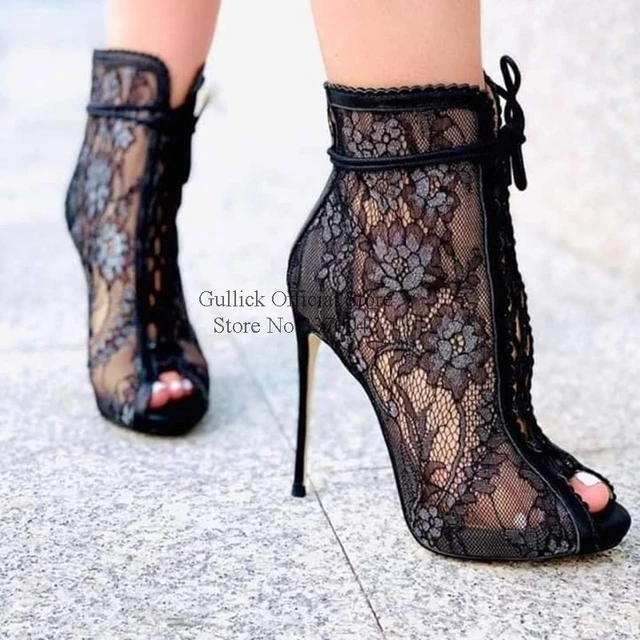 Amazon.com: Shoes for Women Dressy, Sandals Women Sexy Hollow Floral Lace  Chunky High Heels Platform Boots Casual Boots Black : Sports & Outdoors