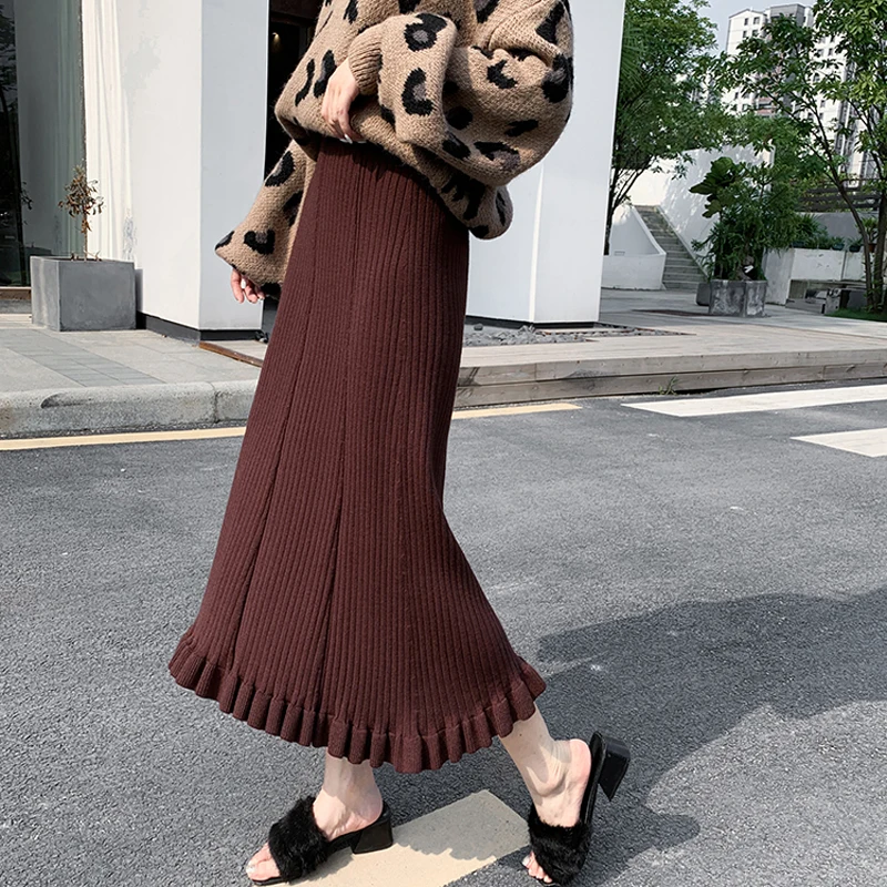 Lucyever/осенне-зимняя женская трикотажная длинная юбка, модная плиссированная юбка с высокой талией и оборками, элегантная Корейская однотонная женская юбка - Цвет: Coffee