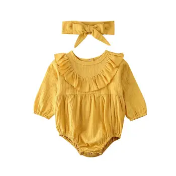 

2Pcs/Set Newborn Baby Girl Bodysuits Clothes Long Sleeve Solid Ruffles Cotton Jumpsuit Headband Outfits