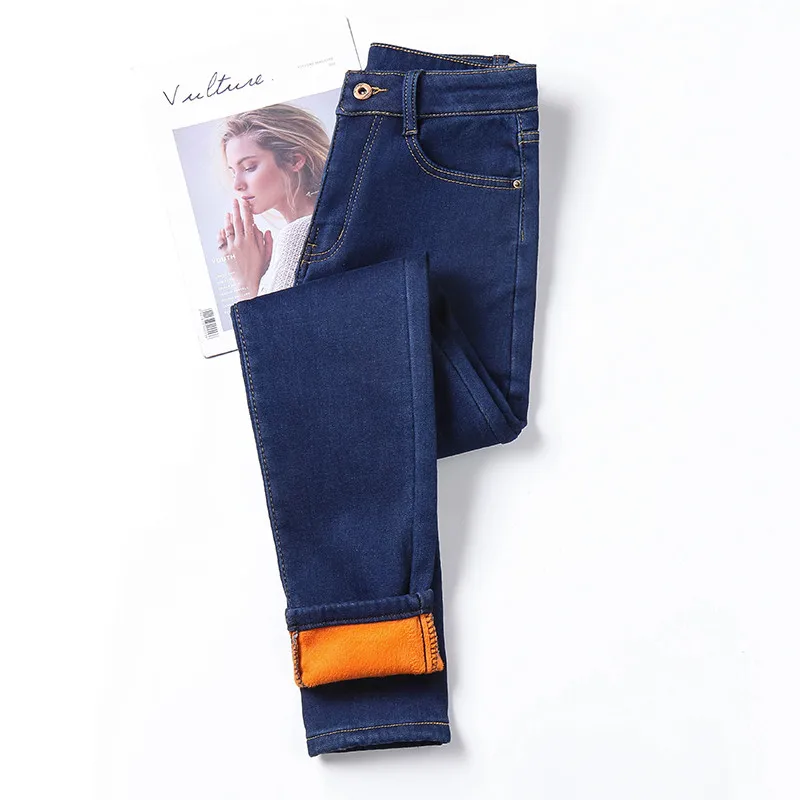 Navy blue Зимние плотные женские теплые обтягивающие джинсы, простые Стрейчевые вельветовые Флисовые женские джинсовые узкие брюки с высокой талией размера плюс 51 - Цвет: Navy blue