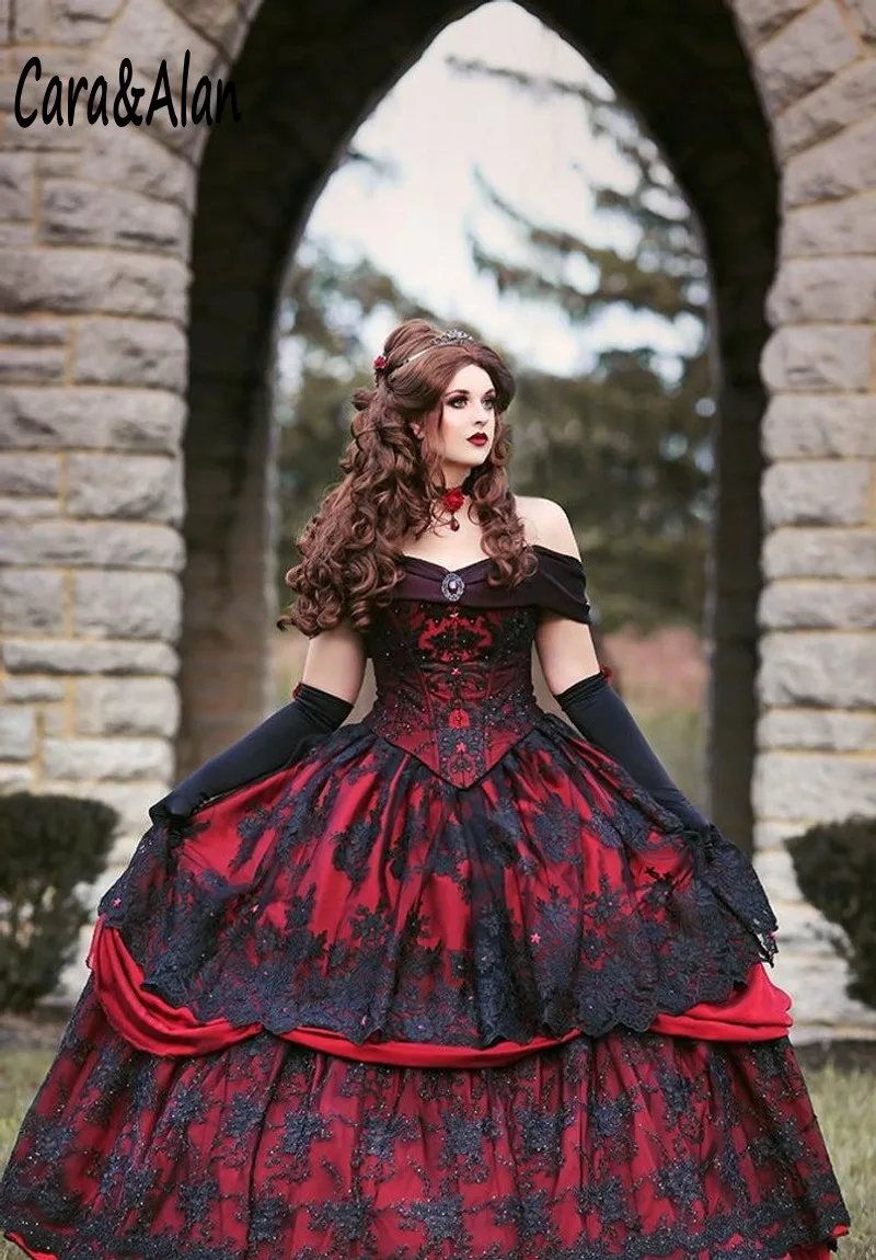 gothic-belle-red-black-lace-wedding-dresses (2)_conew1