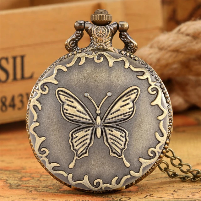 Exquisito reloj de bolsillo de mariposa de bronce para hombres y mujeres, de bolsillo cuarzo, cadena de suéter Retro, - AliExpress