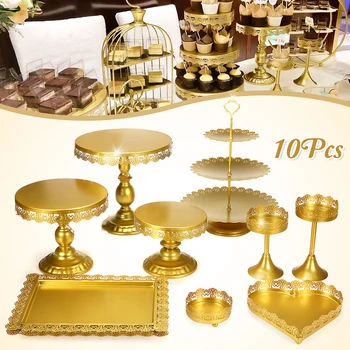 

10Pcs Gold Metal Cupcake Cake Holder Dessert Stand Set Wedding Event Party Display Tower Plate with Jewelry Pendant Floral Borde