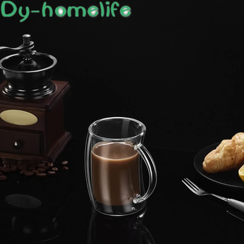 

European Heat-resistant High Borosilicate Glass Tilting Water Glass Double Glass Cup with Handle Creative Coffee Cup Wine Glass