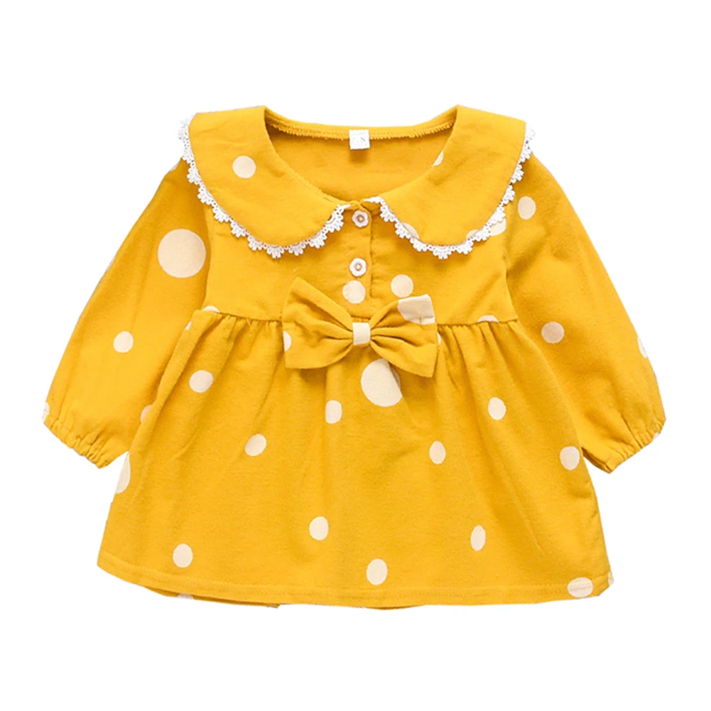 

2019 Fall Spring Children Clothing New Baby Girls Dress Cartoon Dot Print Doll Bow Cute Collar Long Sleeve Toddler Shirt Kid Top