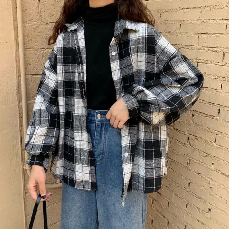Muyogrt Women Shirt Plaid Oversized Brown Top Turn-down Collar Leisure Fashion Loose All-match Long Sleeves Soft Chic Korean Top
