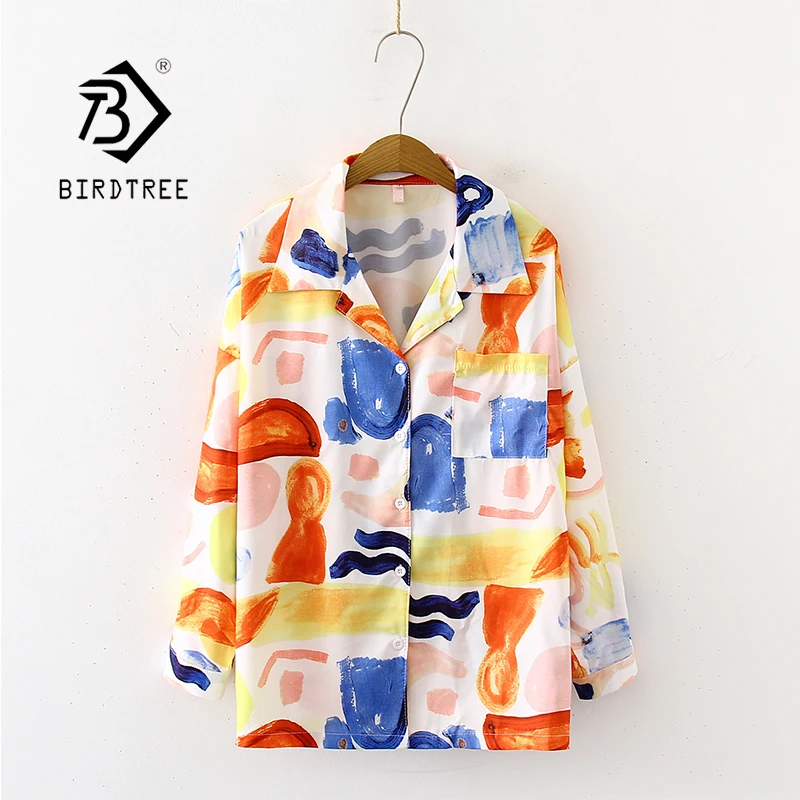 New Arrival Retro Oil painting Print Oversize Notched Collar Chiffon Blouse Button Up Casual Loose Shirt Feminina Blusa T99010F