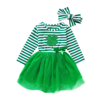 

2020 New St.Patrick's Day Toddler Baby Kid Girl Green Dress Clover Print Striped Party Dress For Girl Children Costumes