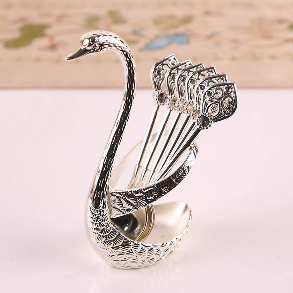 Stainless Steel Creative Dinnerware Set Decorative Swan Base Holder with 6 Spoons for Coffee Fruit Dessert Stirring Mixing cutlery set,western style cutlery set,picnic cutlery set,stainless steel cutlery set