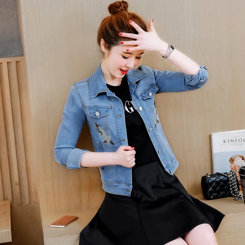 

2019 Spring And Autumn New Style Korean-style Rose Embroidered Versatile Jeans Coat Women's Short Long-sleeved Upper Garment