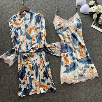 

Women Robe & Gown Sets Solid Sexy Nightwear Ladies Lace Sleepwear Bathrobe Lounge Pijama Night Dress with Chest Pads