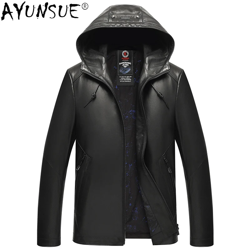 

AYUNSUE Hooded 100% Genuine Leather Jackets 2021 Autumn Goatskin Coat Fashion Motorcycle Leather Jacket Jaqueta Masculina Gmm384