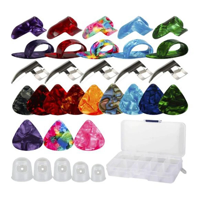 

Guitar Accessory Kit Includes 35 Guitar Picks,10 Thumb Picks, 5 Metal Finger Picks, 5 Finger Protectors, Storage Box