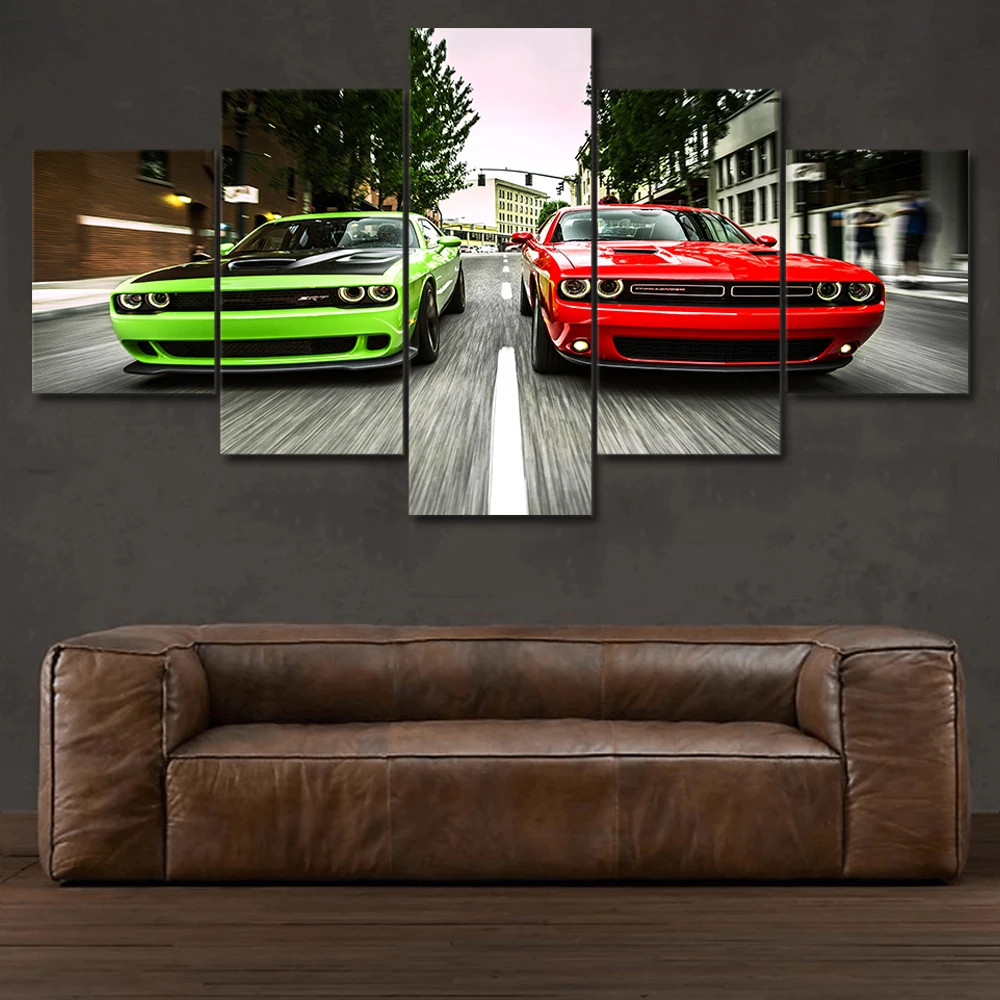 

Modern HD Printed Painting Canvas Home Decor 5 Pieces Challenger Green Red Cars Landscape Poster Frame Wall Art Pictures