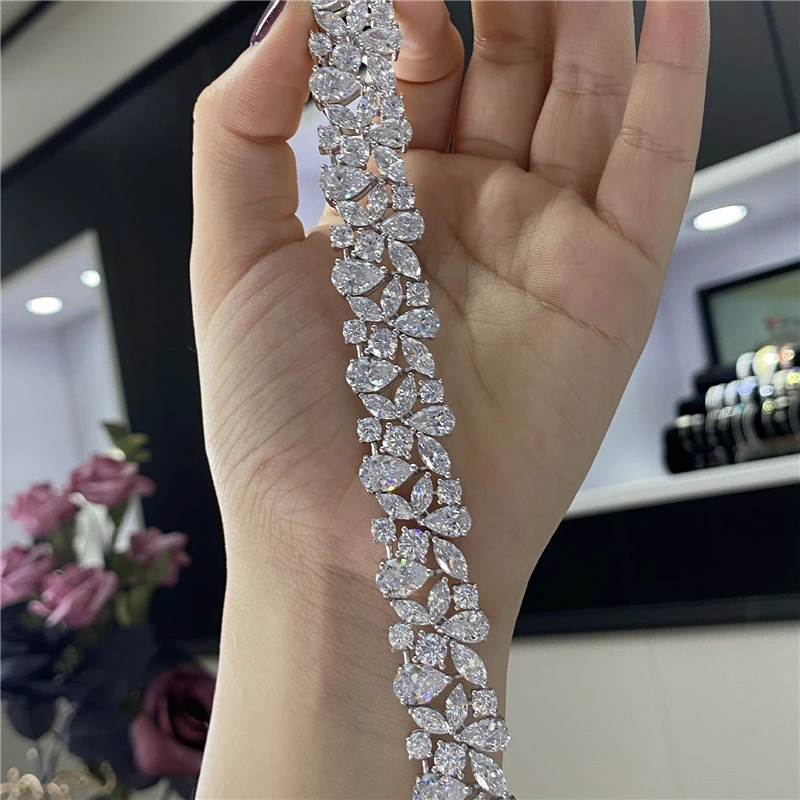 Pulsera de lujo con diamantes y flores para mujer, brazalete de plata de 100% auténtica para compromiso, boda, joyería nupcial, 925|Pulseras y - AliExpress