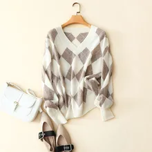 *#Best Price Argyle Vintage Womens Sweater Ladies Winter Knitted Thin V-Neck 100% Cashmere Womens New Arrival Sweaters High Quality *#Best Price Argyle Vintage Womens Sweater Ladies Winter Knitted Thin V-Neck 100% Cashmere Womens New Arrival Sweaters High Quality