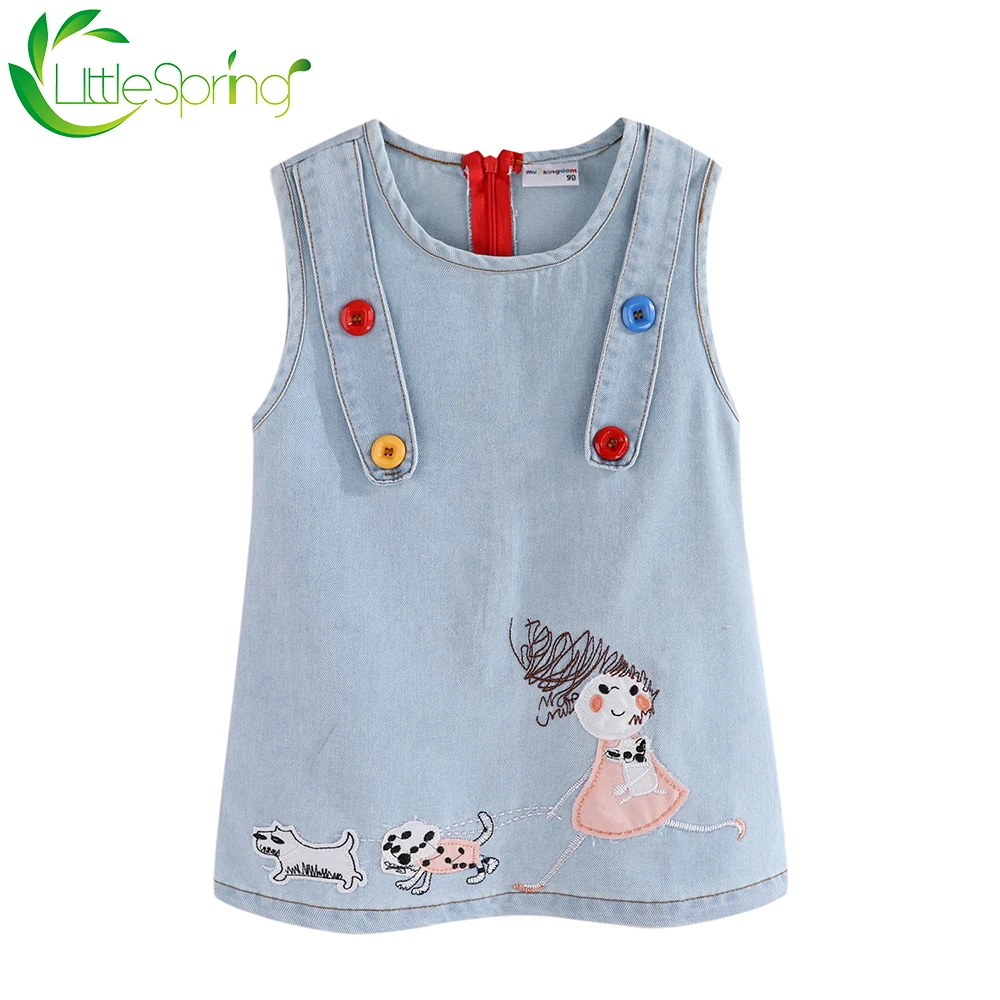 Джинсовое платье для маленьких девочек LittleSpring без рукавов с аппликацией и