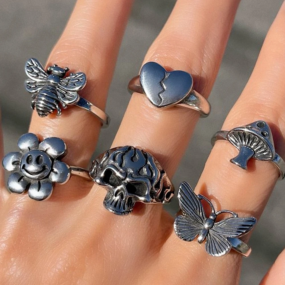 Anillos góticos con forma de flor y llama para hombre mujer, con dijes, estilo Punk, Hip Hop, mariposa, corazón, - AliExpress