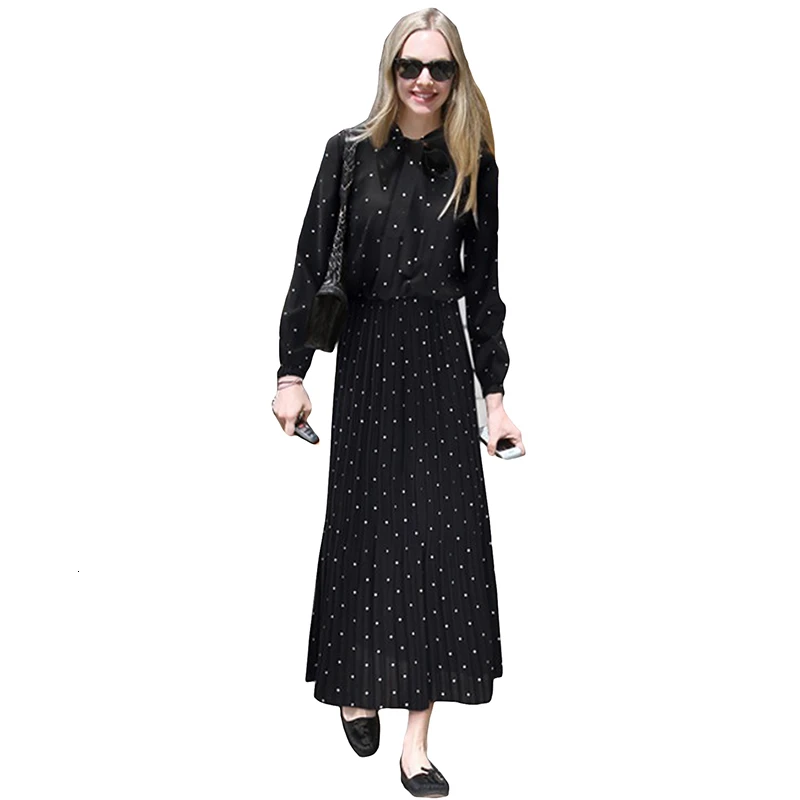 

2019 Spring Autumn New Korean Loose Plus Size Point Dot Chiffon Long Dresses Women Bow Black Long Sleeve Dresses LJ2276
