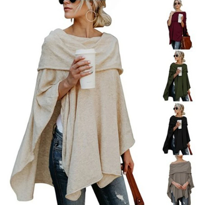 

Spring Autumn Asymmetric Sweater Women Poncho Pullover Sweater Asymmetric Overlay Solid Clothing Ladies Casual Fall Tops