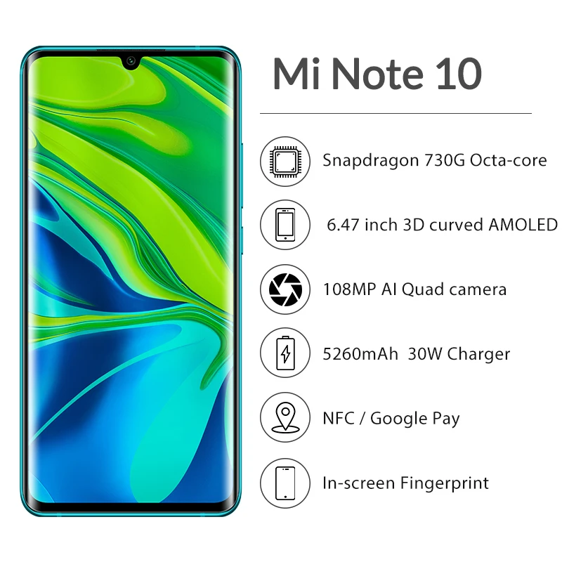 Глобальная версия Xiaomi Mi Note 10 8GB 256GB Snapdragon 730G 108MP камера мобильный телефон 6,47 ''изогнутый дисплей Мобильный телефон Google Pay