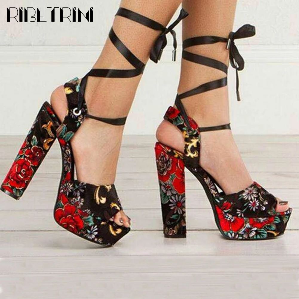 

RIBETRINI Sexy Print Female Summer Platform Bowtie High Heel Shoes Woman Sandals Women Casual Party Dress Club Sandals