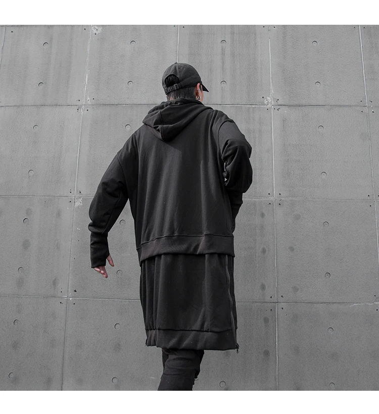 

Rock Punk Extra long hoodie jacket men with Hood Black Loose High street Sweatshirt coat Zippers Autumn Winter 95 Cotton