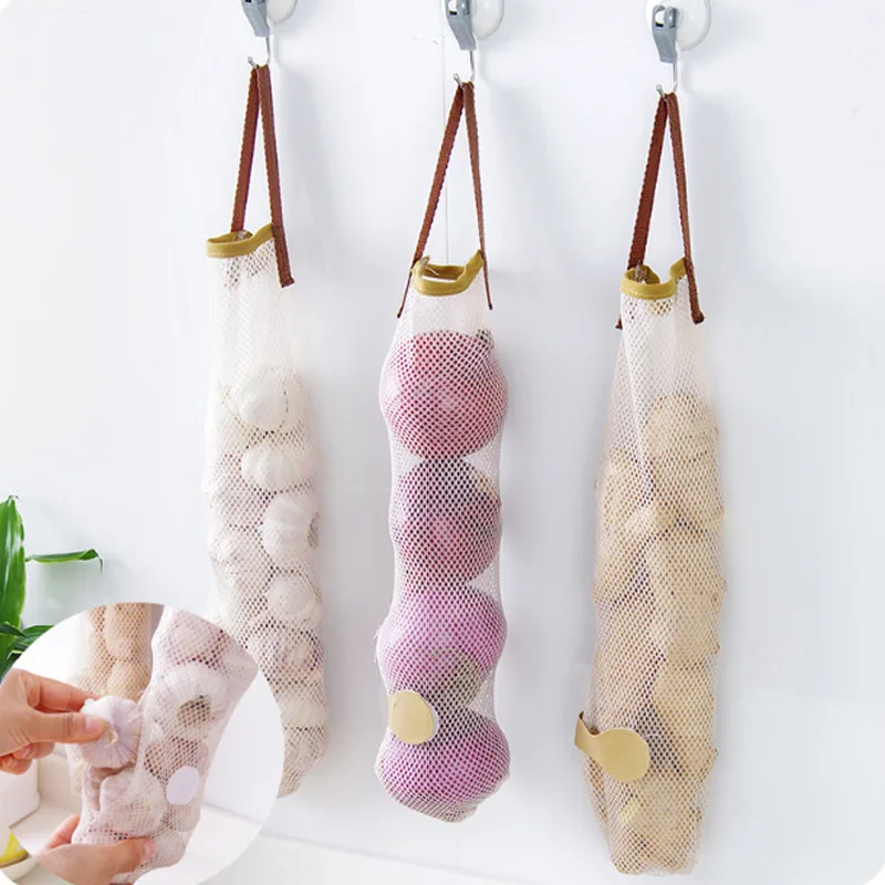 

Reusable Kitchen Fruit Vegetable Hanging Storage Mesh Bag Garlic Onion Organizer Environmental Shopping Tote Bag Pouch